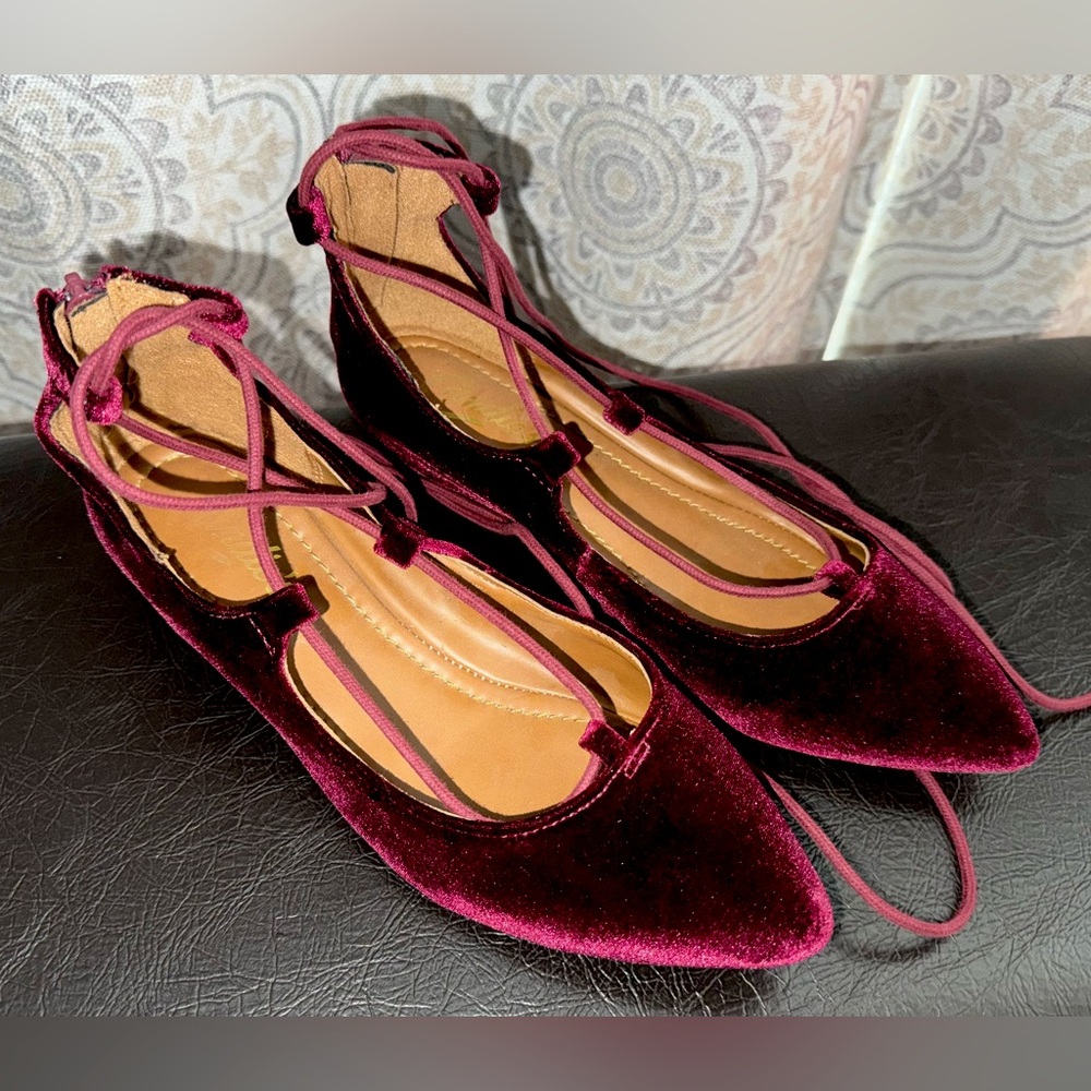 Burgundy velvet flats with straps size 8.5